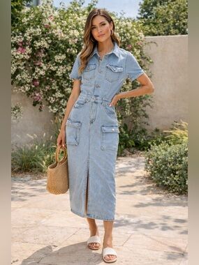 Light Wash Denim Midi Button-Front Dress